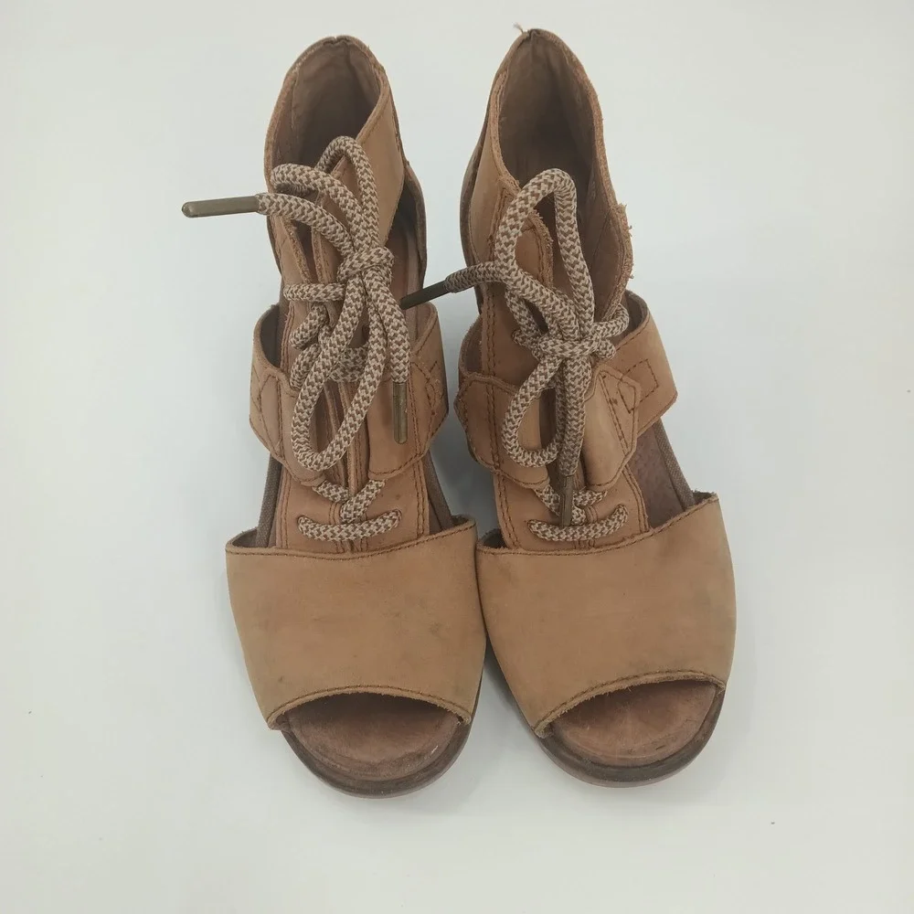 Sorel Joanie ll Lace Tan up Leather Wedge Sandals Open Toe NL2914-224 Sz 8.5